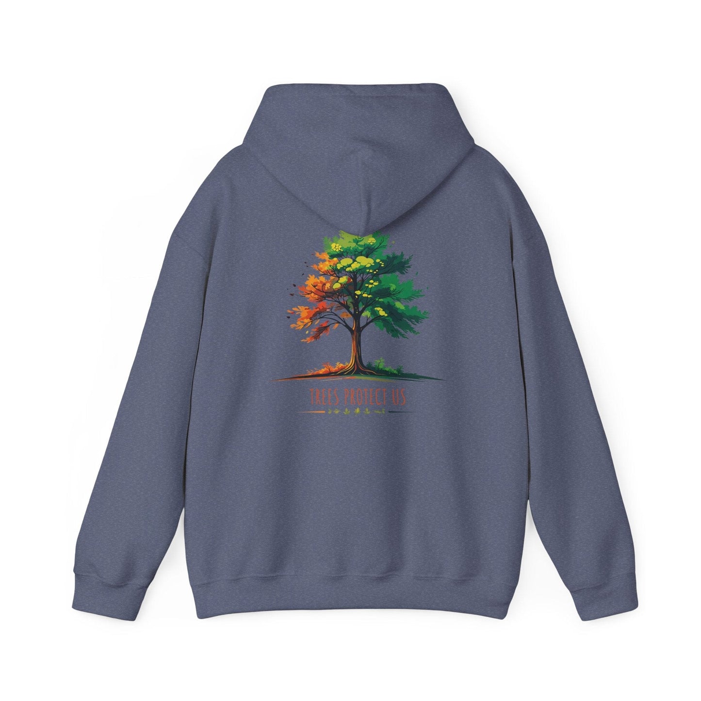 Heather Navy | Trees Protect US Hoodie, back design view