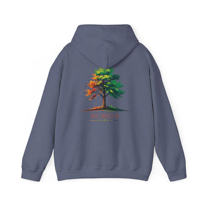 Heather Navy | Trees Protect US Hoodie, back design view