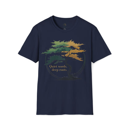 Navy | Quiet words, deep roots., front view