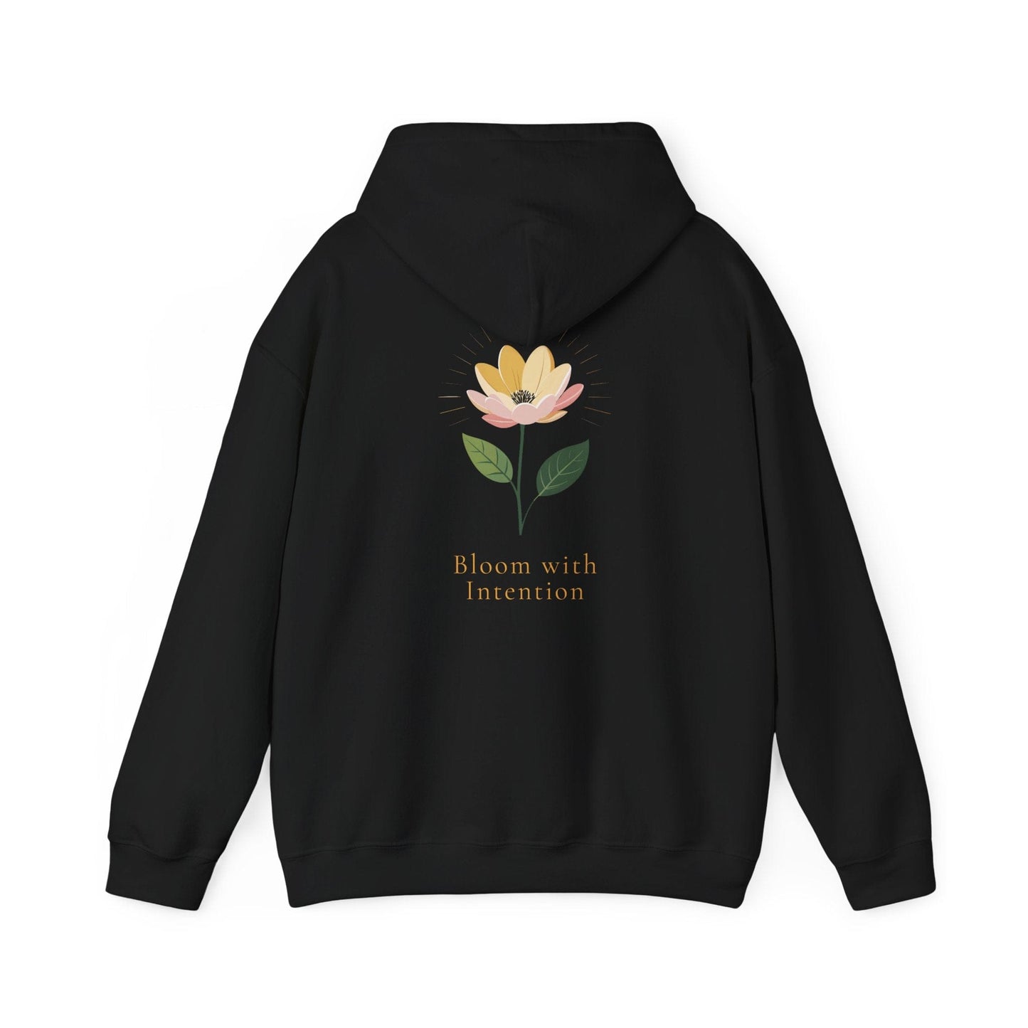 Black | Bloom with intention Hoodie, back design view