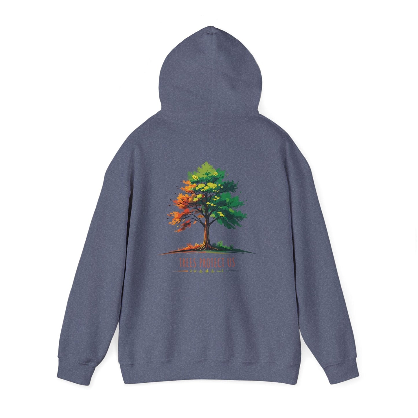 Heather Navy | Trees Protect US Hoodie, back view 2