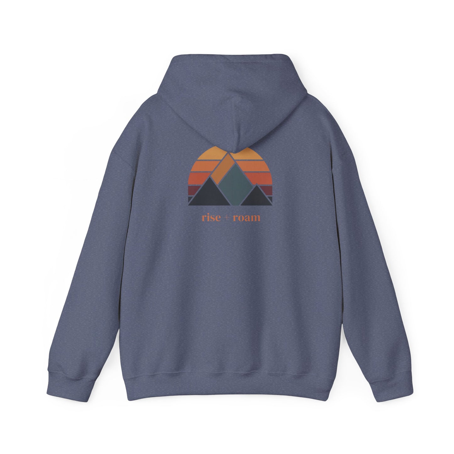 Heather Navy | Rise +Roam Hoodie, back design view