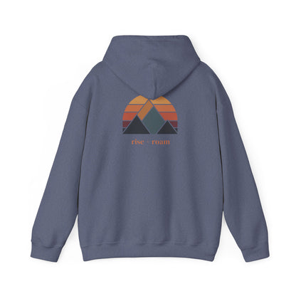 Heather Navy | Rise +Roam Hoodie, back design view