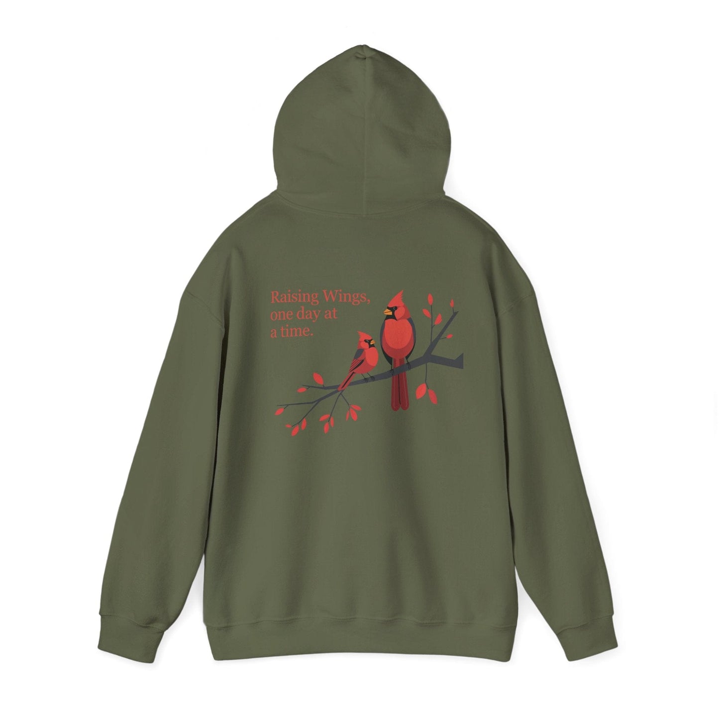 Military Green | Raising Wings, One day at a time. Hoodie, back view 2