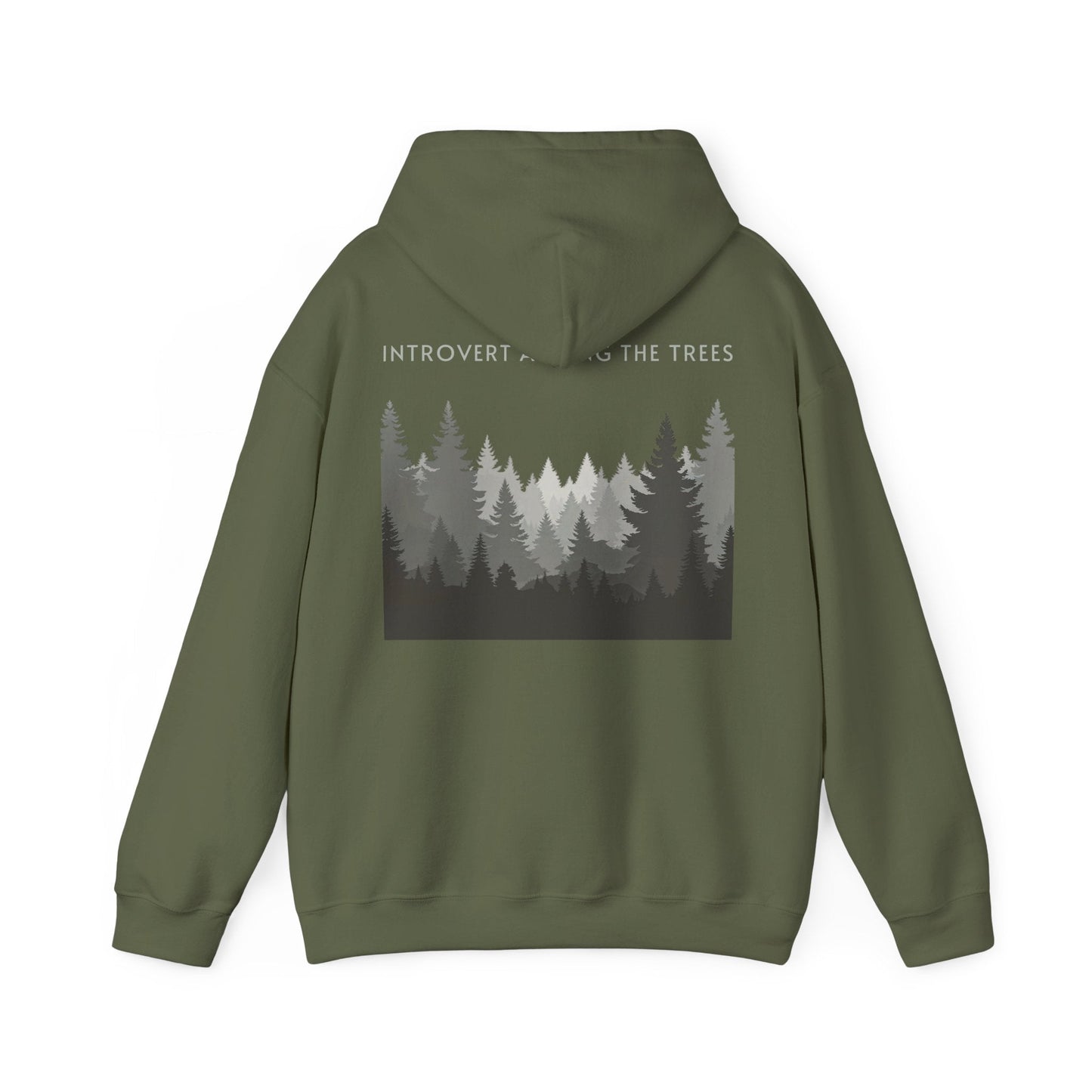 Military Green | Introvert Among the Trees Hoodie, back design view