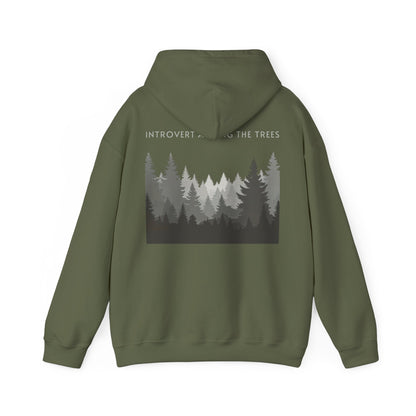 Military Green | Introvert Among the Trees Hoodie, back design view