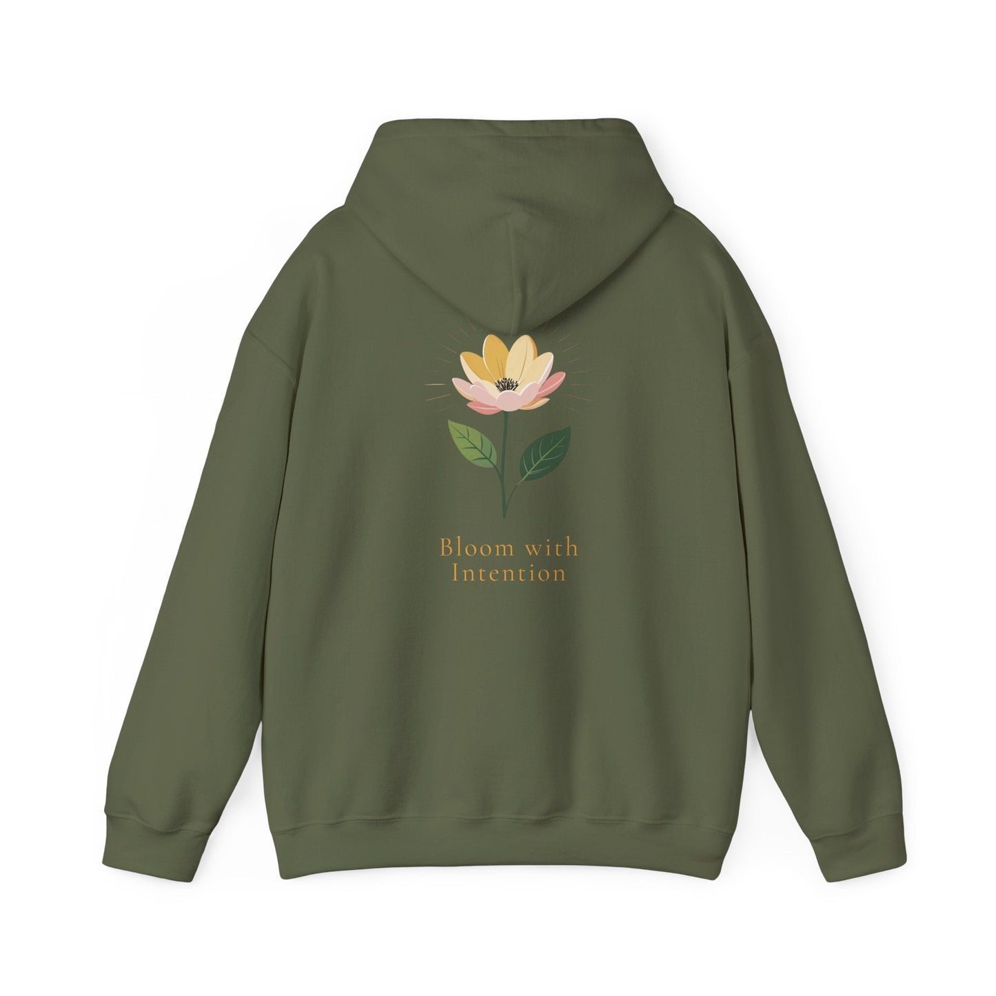 Military Green | Bloom with intention Hoodie, back design view