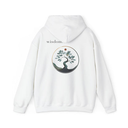 White | Wisdom Hoodie, back design view