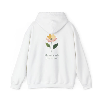 White | Bloom with intention Hoodie, back design view