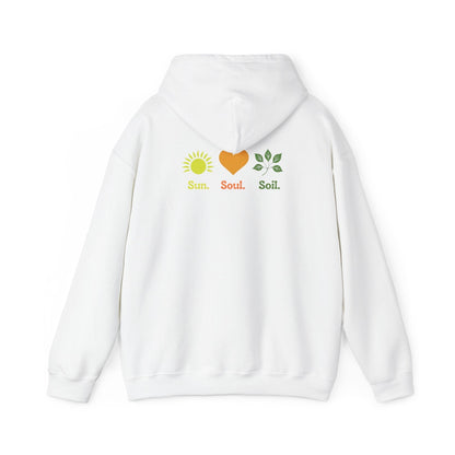 White | Sun. Soul. Soil. Hoodie, back design view