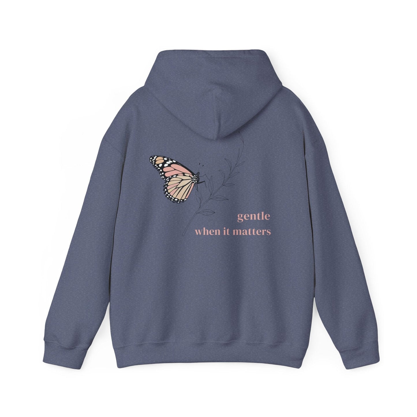 Heather Navy | Gentle When It Matters Hoodie, back design view