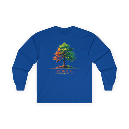 Royal | Trees Protect Us Long Sleeve Tee, front view