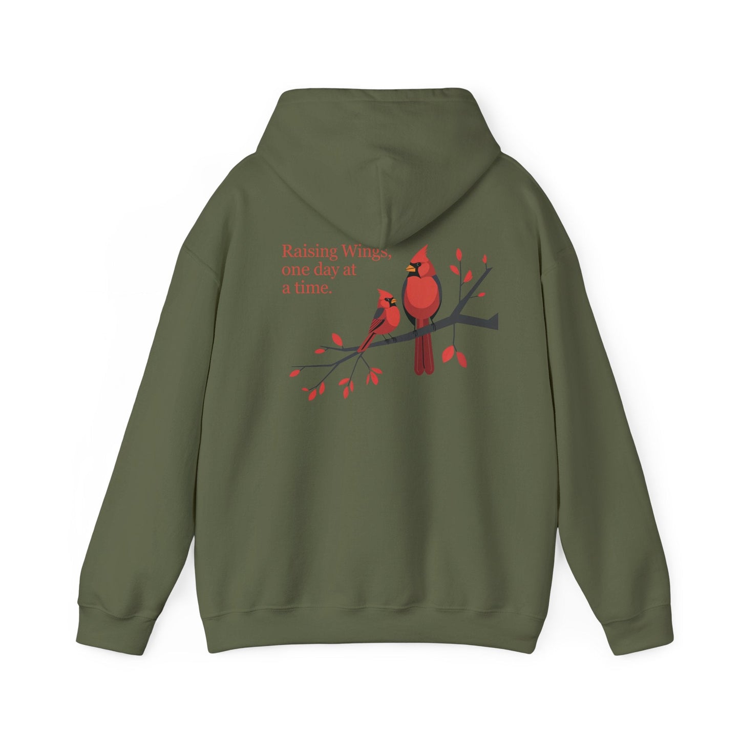 Military Green | Raising Wings, One day at a time. Hoodie, back design view