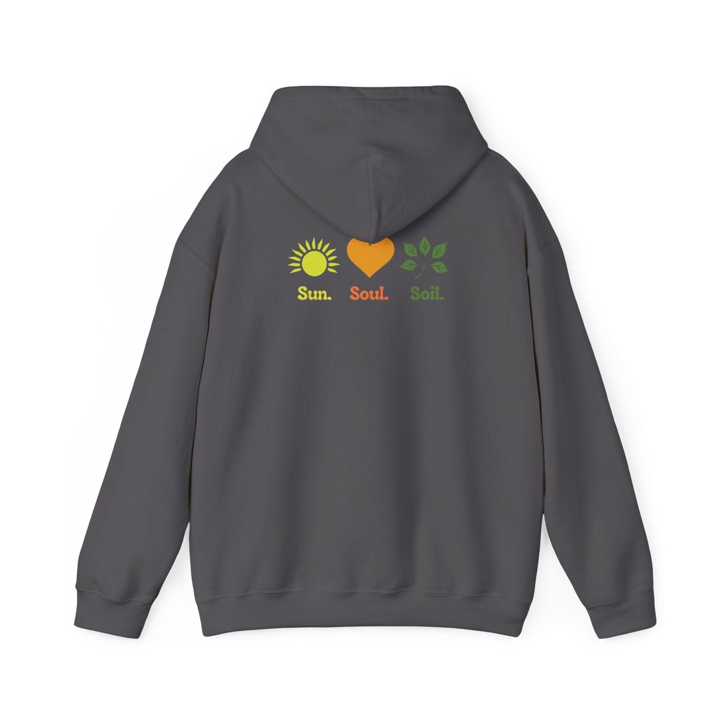 Charcoal | Sun. Soul. Soil. Hoodie, back design view