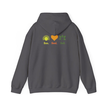 Charcoal | Sun. Soul. Soil. Hoodie, back design view