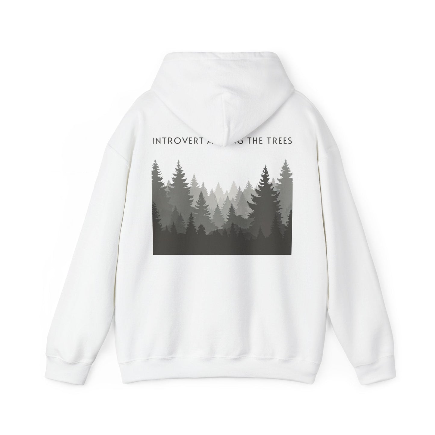 White | Introvert Among the Trees Hoodie, back design view