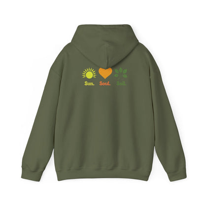Military Green | Sun. Soul. Soil. Hoodie, back design view