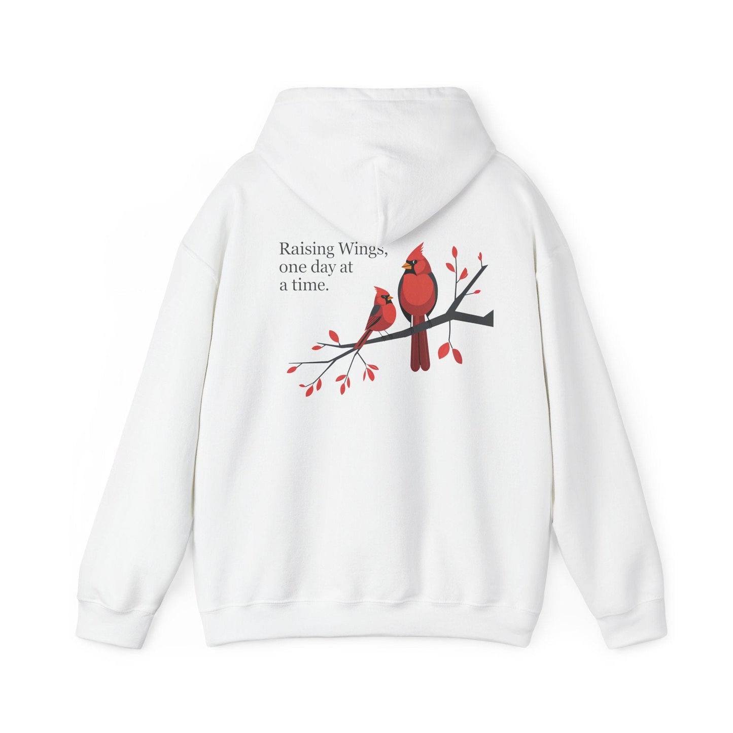 White | Raising Wings, One day at a time. Hoodie, back design view