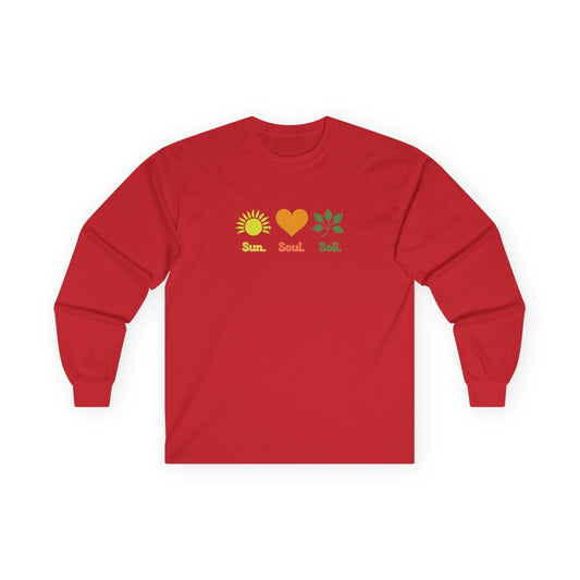 Red | Sun. Soul. Soil. Long Sleeve Tee, front view