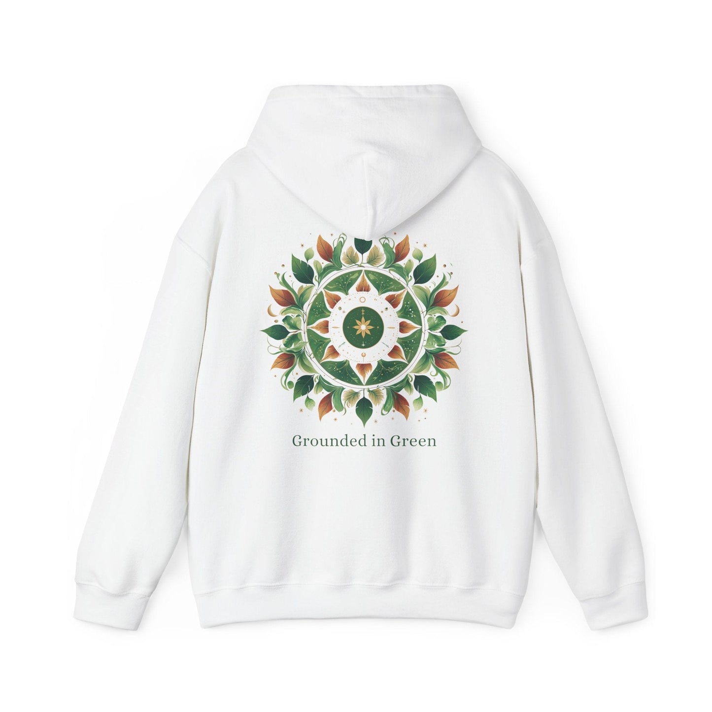 White | Grounded in Green Hoodie, back design view