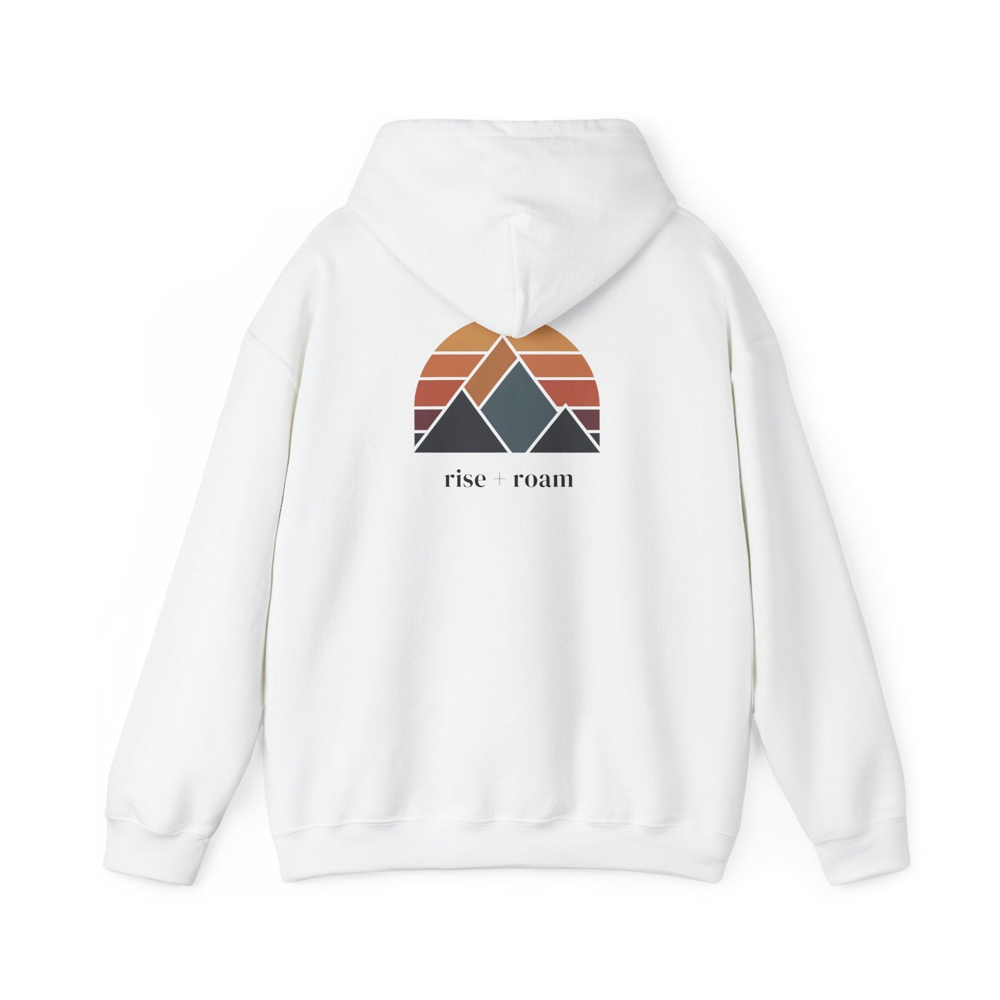 White | Rise +Roam Hoodie, back design view