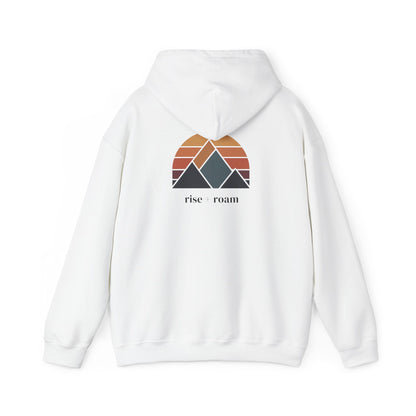 White | Rise +Roam Hoodie, back design view