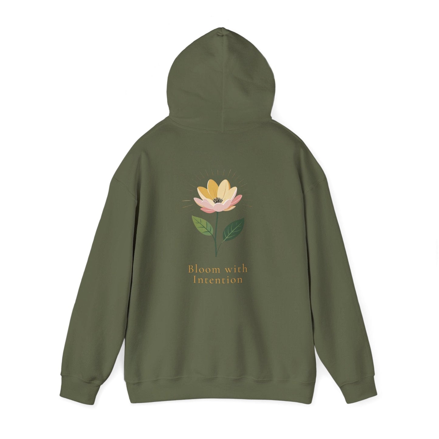 Military Green | Bloom with intention Hoodie, back view 2