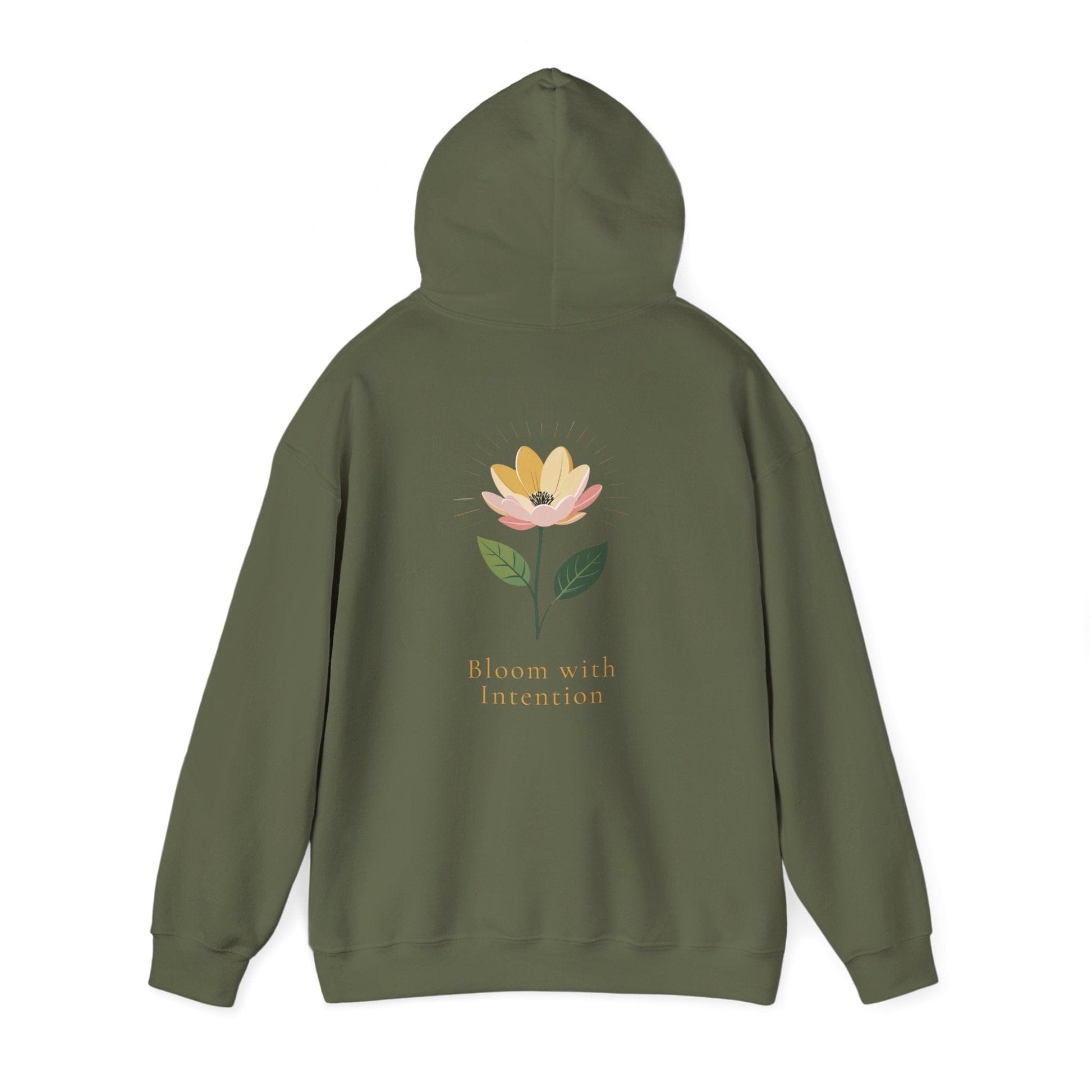 Military Green | Bloom with intention Hoodie, back view 2
