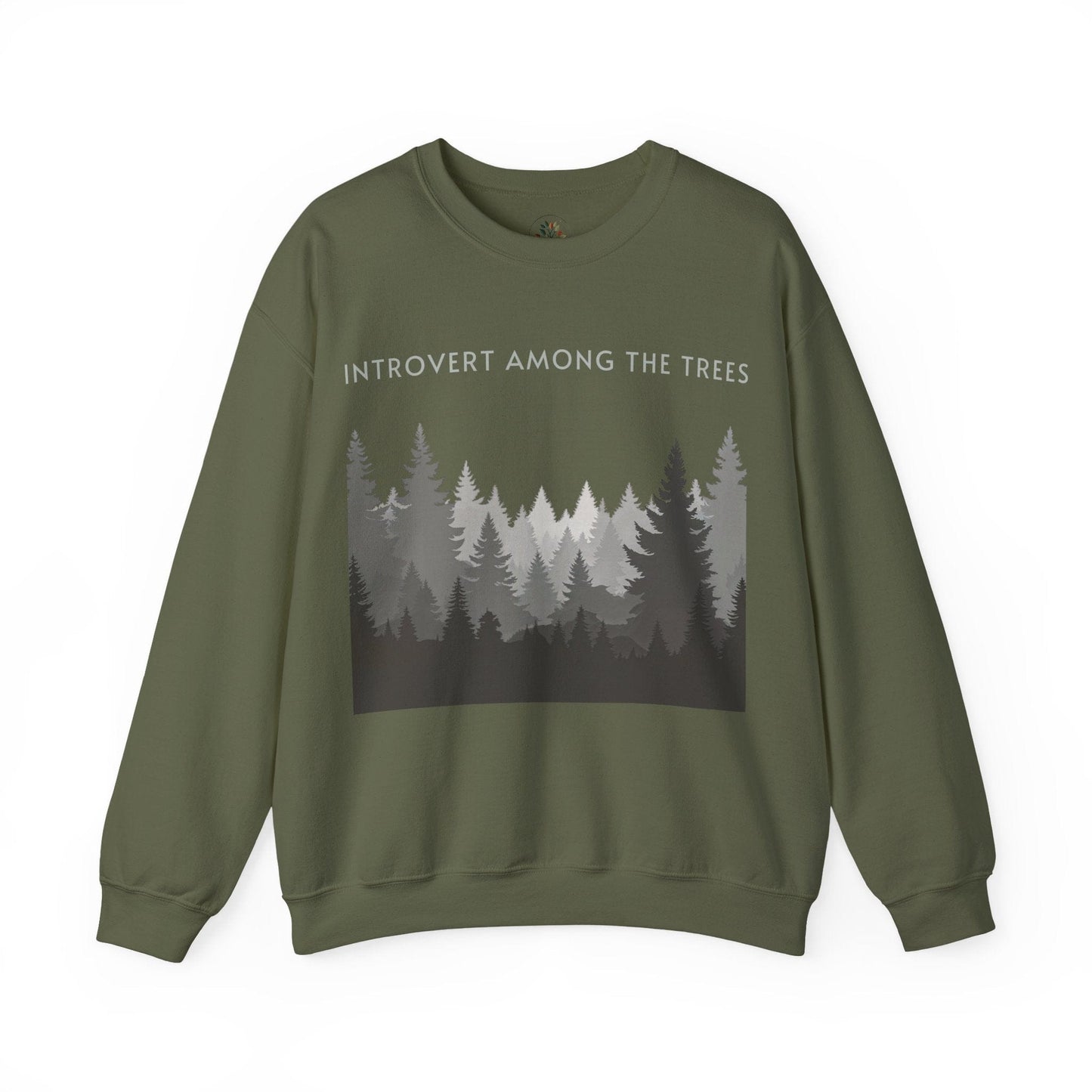 Military Green | Introvert Among the Trees Sweatshirt, front view