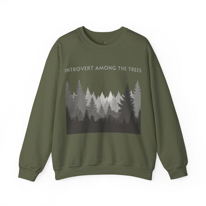 Military Green | Introvert Among the Trees Sweatshirt, front view