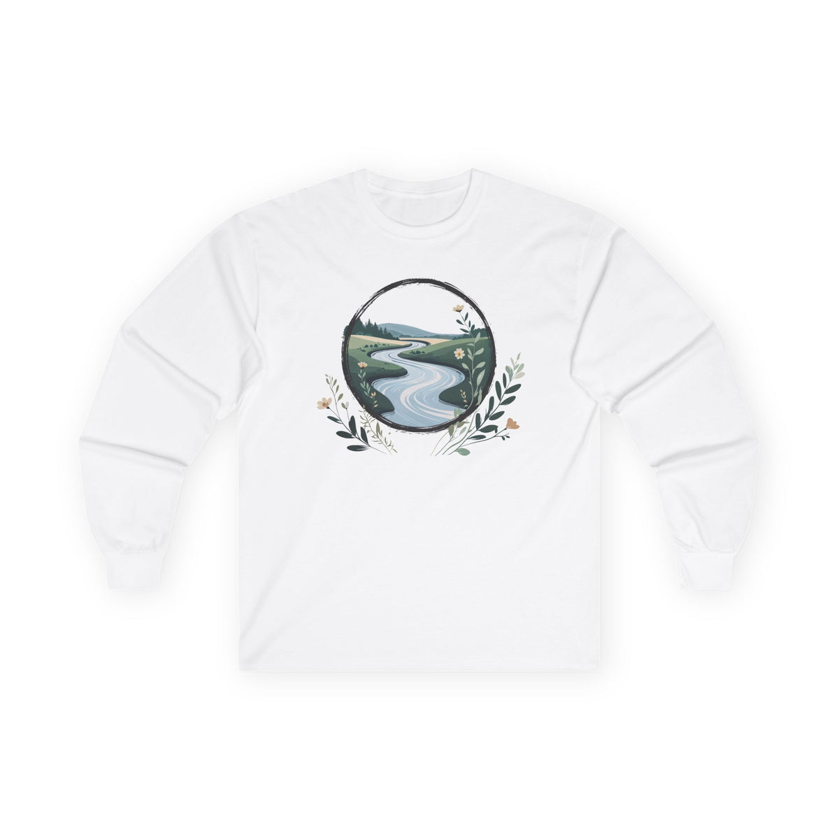 White | River of Grace Long Sleeve Tee, front view