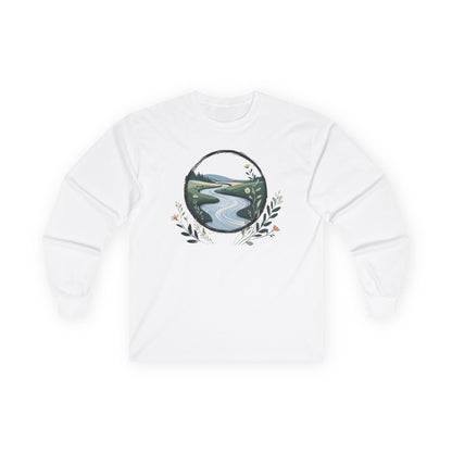 White | River of Grace Long Sleeve Tee, front view