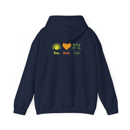 Navy | Sun. Soul. Soil. Hoodie, back design view