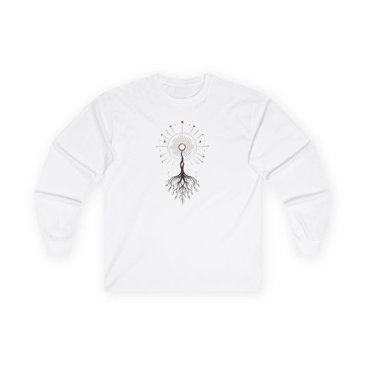 White | The Cosmic Root Long Sleeve Tee, front view