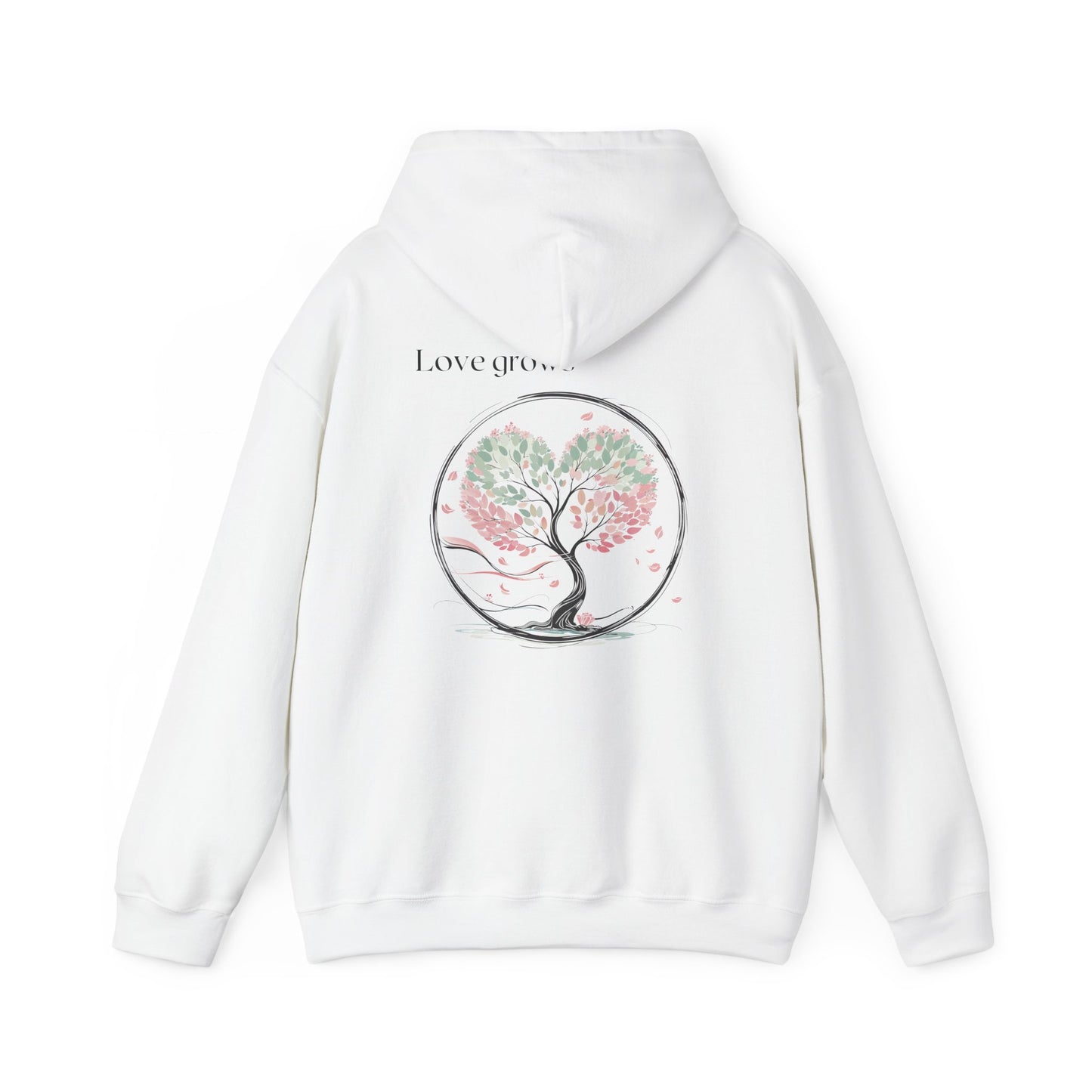 White | Love Grows Hoodie, back design view
