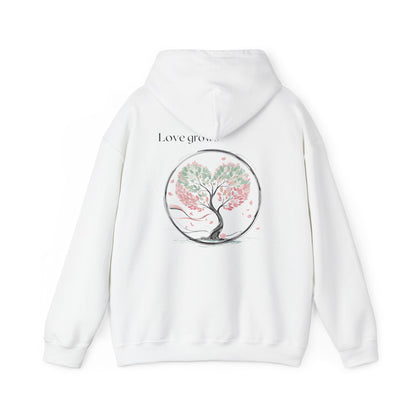 White | Love Grows Hoodie, back design view