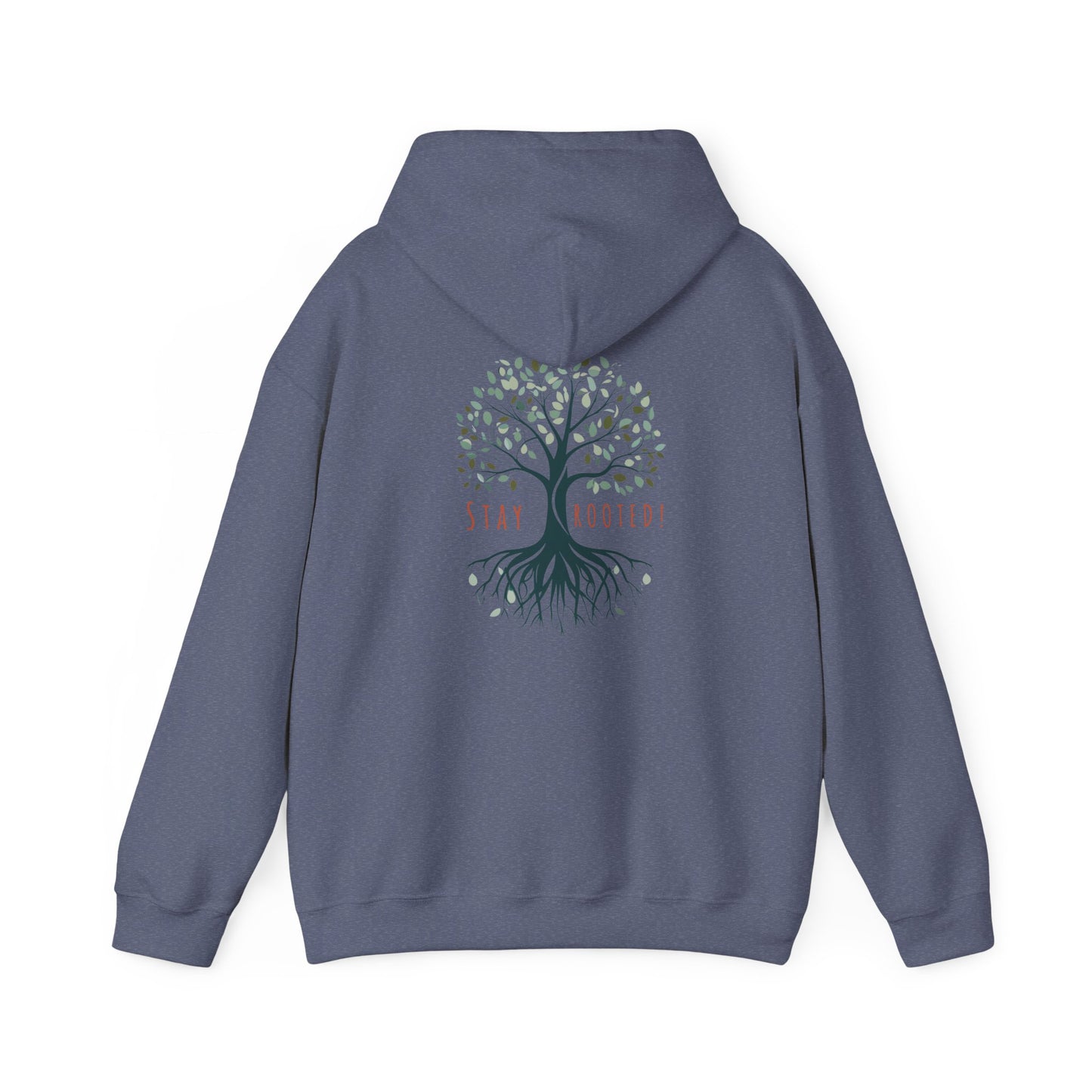 Heather Navy | Stay Rooted! Hoodie, back design view