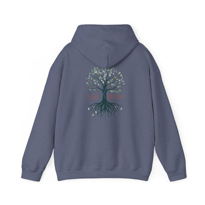 Heather Navy | Stay Rooted! Hoodie, back design view