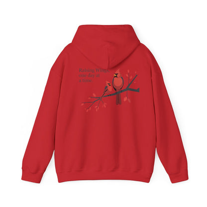 Red | Raising Wings, One day at a time. Hoodie, back design view
