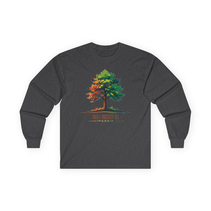 Dark Heather | Trees Protect Us Long Sleeve Tee, front view