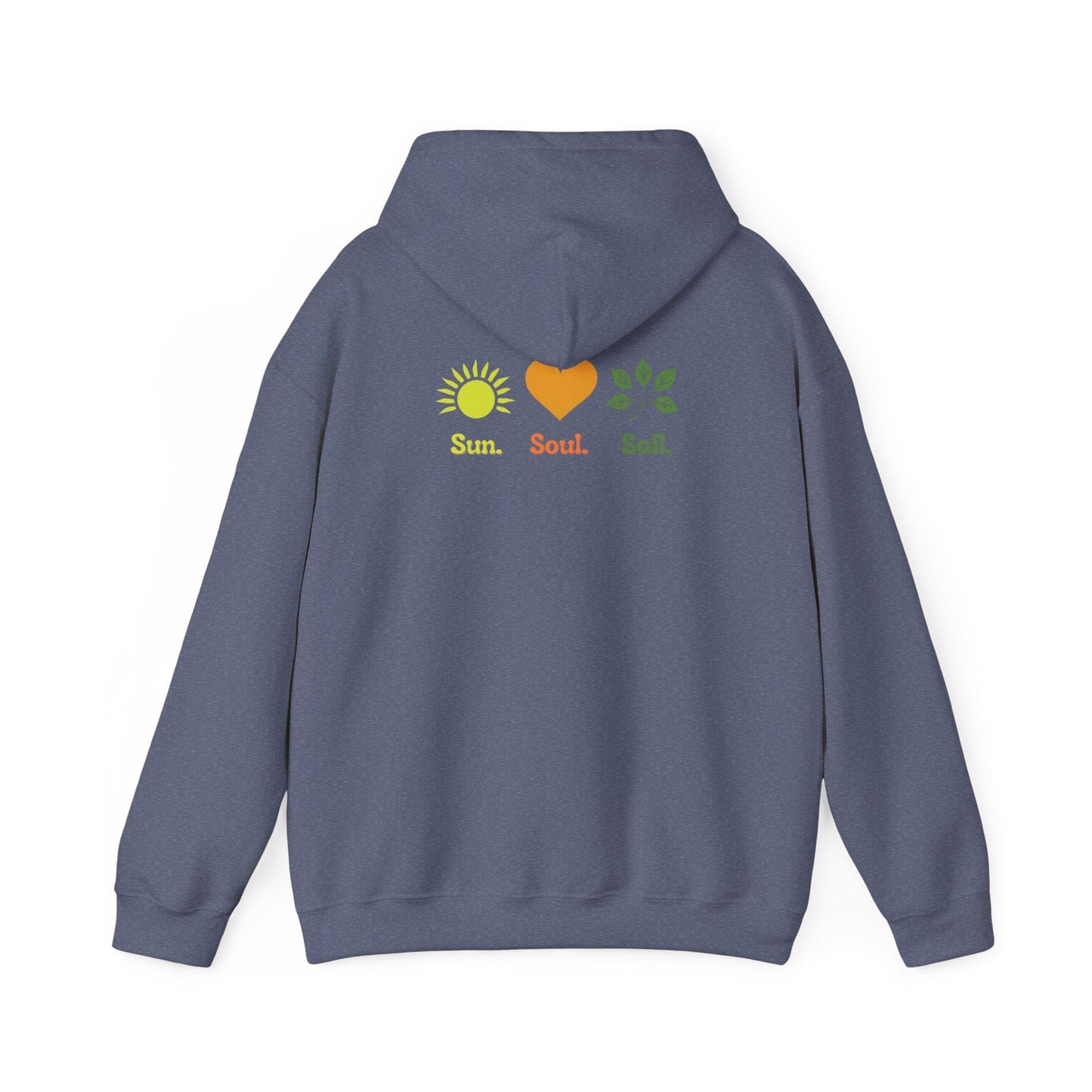 Heather Navy | Sun. Soul. Soil. Hoodie, back design view