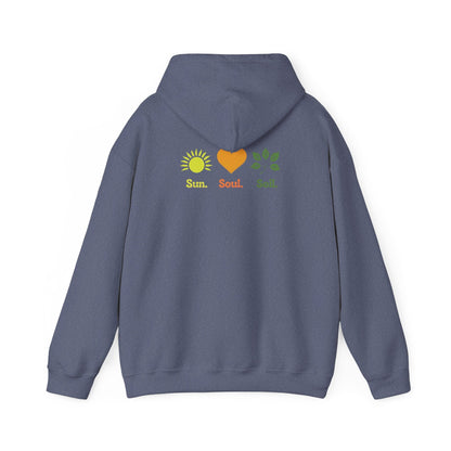 Heather Navy | Sun. Soul. Soil. Hoodie, back design view