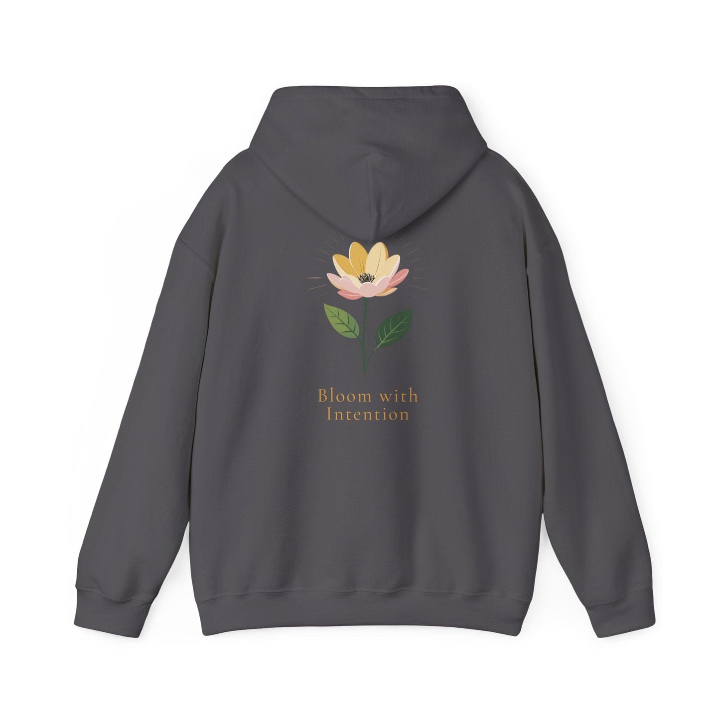 Charcoal | Bloom with intention Hoodie, back design view