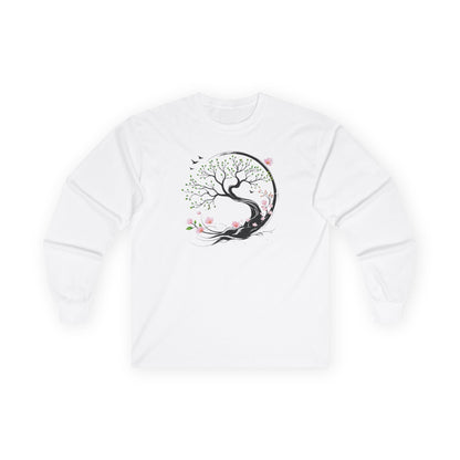 White | Unfolding Grace Long Sleeve Tee, front view