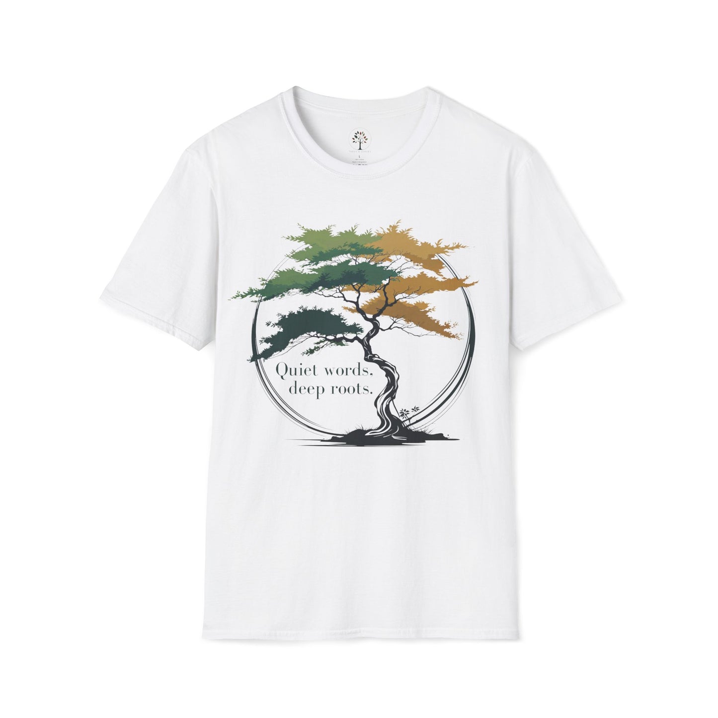 White | Quiet words, deep roots., front view