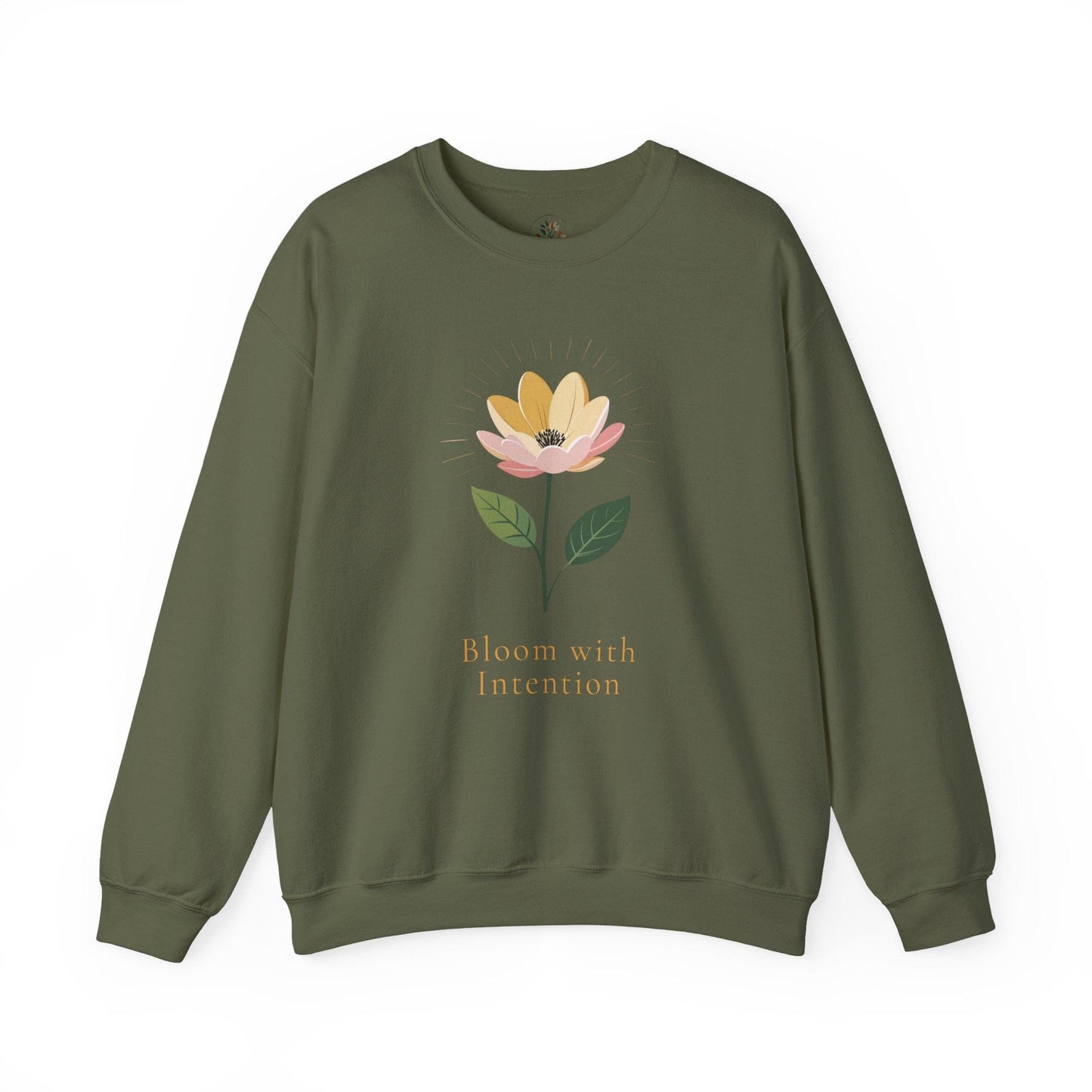 Military Green | Bloom with intention Sweatshirt, front view