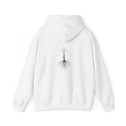 White | The Cosmic Root Hoodie, back design view