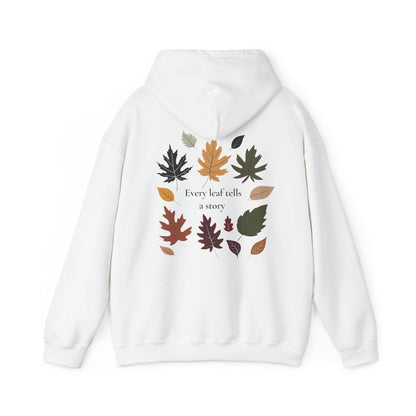 White | Every Leaf tells a STORY Hoodie, back design view