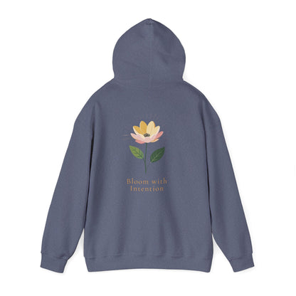 Heather Navy | Bloom with intention Hoodie, back view 2