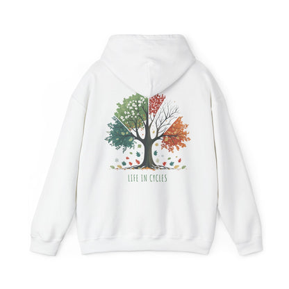 White | Life in Cycles Hoodie, back design view